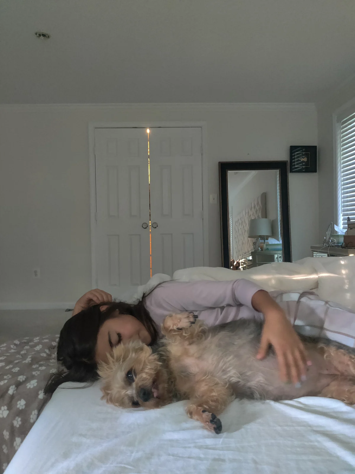 Chloe relaxing on a bed at home